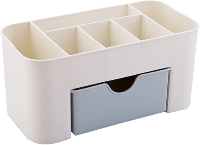 6 Compartments Cosmetics Makeup Organizer Cosmetic Storage Box with Drawer Multifunctional Makeup Desk Organizer for Home Bathroom(Blue)