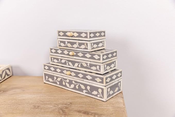 Handcrafted gray & white bone inlay décor jewelry box makeup organizer set of 3 organizer makeup organizer storage wood box