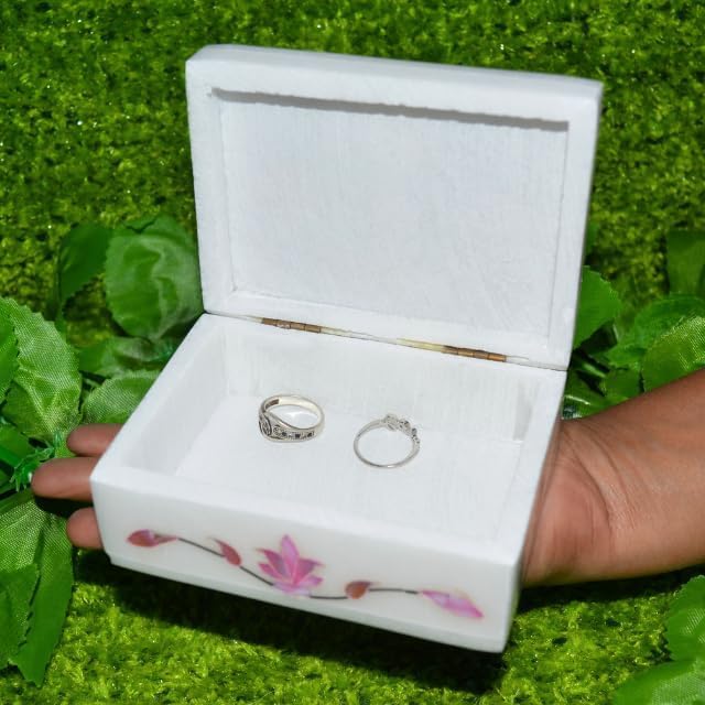 Marble Inlay Jewelry Box 4x3inch Floral Mother of Pearl Inlay Handmade Makeup Organizer Trinket Box - Alabaster Shiny Decorative Marble Ring Box Inlay Art Unique Art Great Birthday Gift, Women Gift