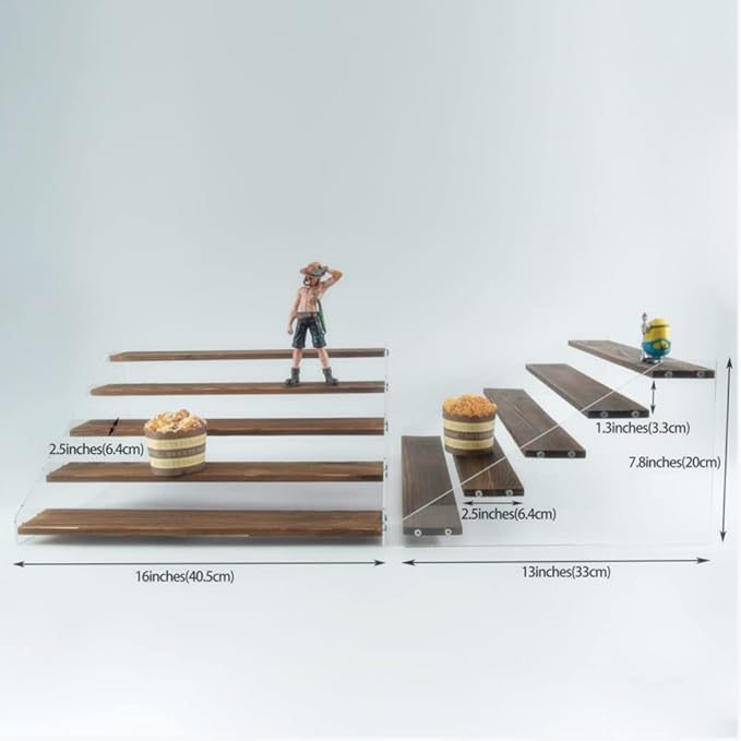 2 Pack Large 5 Tier Acrylic Display Stand 16*13*7.8 inches for Figures Wooden Risers Display Case for Craft Fair Acrylic Cupcake Stand for Dessert Table Cologne Organizer for Men (BROWN)