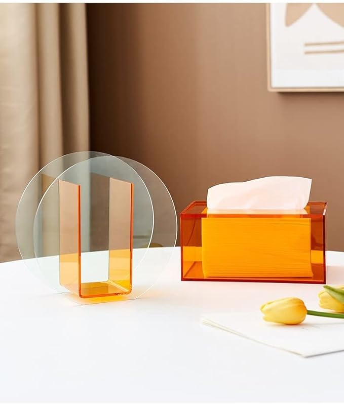 Acrylic Flower Vase Make-up Brush/Pen Holder Elegant Modern Contemporary Design Vase for Home Office Wedding Decor (Orange, Circle)