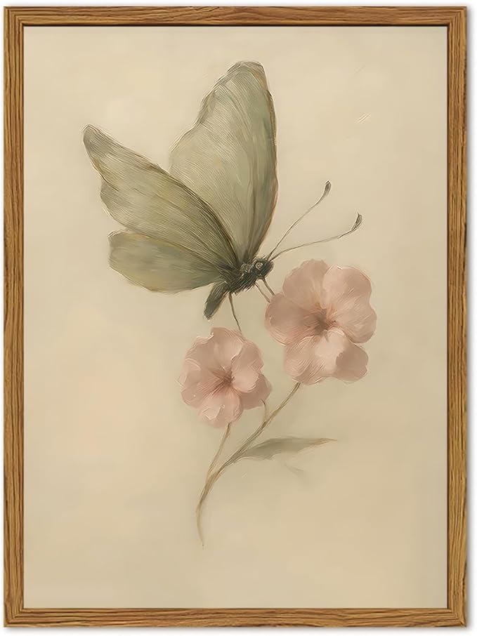 Framed Vintage Wall Art, Butterfly and Pink Floral Pictures Wall Decor, Retro Flower Moth Painting Canvas Prints Cottagecore Home Decor Aesthetic for Living Room Bedroom Bathroom 12x16 inch