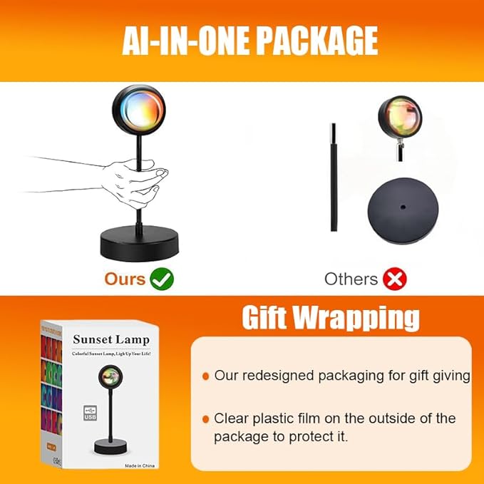 JIMEI Sunset Lamp Projector Led Lights for Bedroom Night Light RGB Lights Sun Sunlight Sunrise Lamp 10w 360° Rotation Mood Lighting Home/Room Decor Christmas Gifts for Women,Tabletop Multicolor