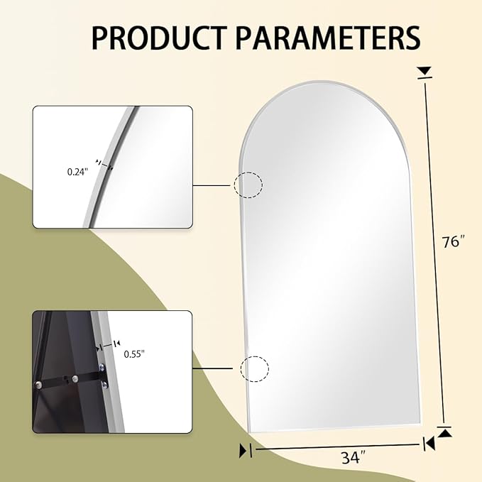 BEAUTYPEAK 76"x34" Arch Full Body Floor Mirror, Full Length Mirror Hanging or Leaning Arched-Top, Wall Mirrors with Stand for Bedroom, Dressing Room, Silver