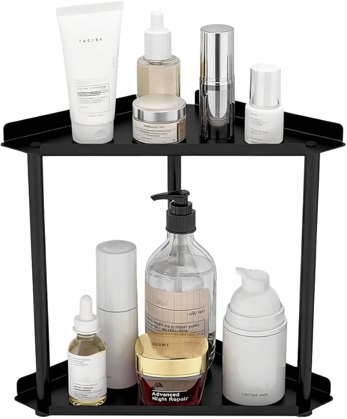 Black 2 Tier Corner Bathroom Organizer Countertop Storage Shelf for Vanity and Makeup