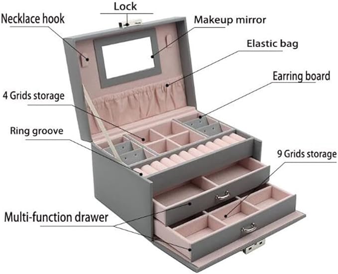 Multifunctional Ring,Leather Jewelry Box Organizer, Necklace, and Makeup Display Case, Large Jewelry Storage Box for Rings, Earrings, Bracelets, and Cufflinks, 13.5x18.3x11.5cm
