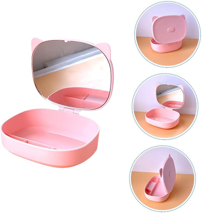 BESPORTBLE Cartoon Cat Ear Jewelry Box with Mirror Cute DIY Makeup Organizer for Boys and Girls Multi-Grid Storage for Earrings and Accessories for Travel and Home Use
