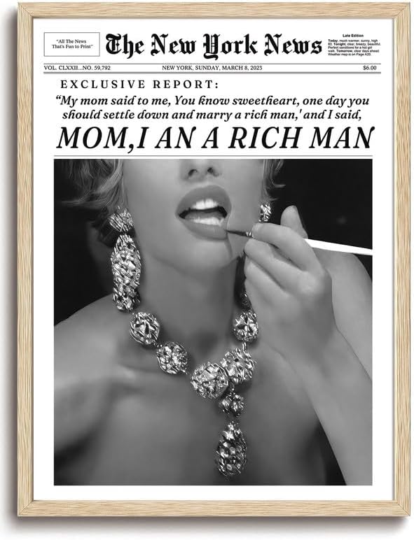 Bwodke OAK Wood Framed Wall Art Mom I Am a Rich Man Canvas Art Vintage Newspaper Pictures Wall Decor Trendy Prints Retro Artwork for Girly Dorm Bedroom 12"x16"