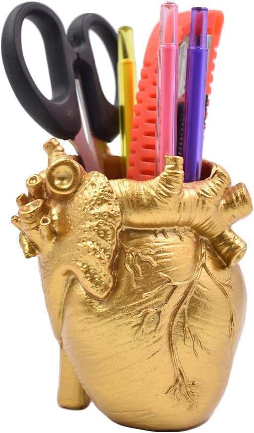 Small Human Heart Organ Shape Pen Holder Home Office Desk Storage Resin Decor, Makeup Brush Holder, 4.1" x 3.5", Golden