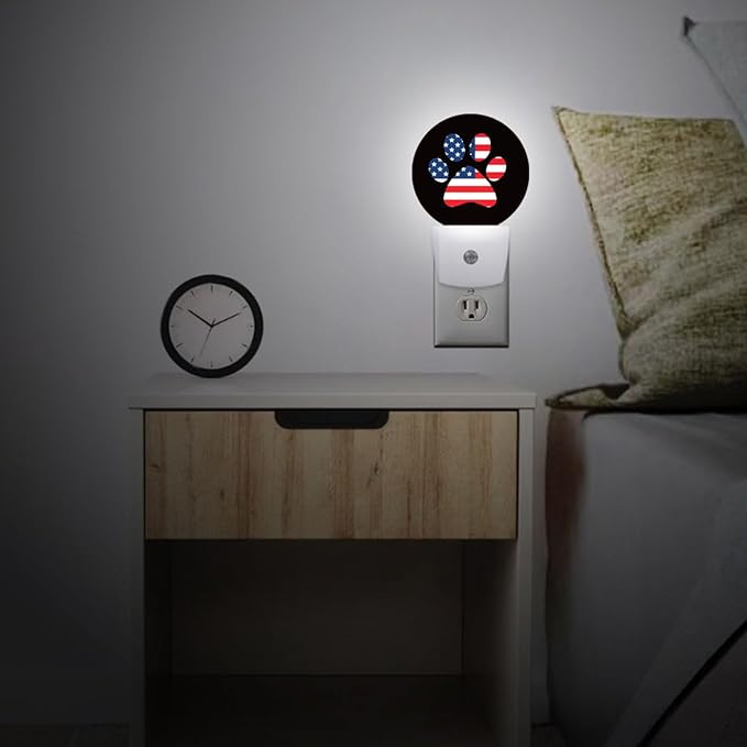 USA Flag Paw Plug in Night Light Auto Light Round Lamps Energy Saving Gift for Women Men Friends