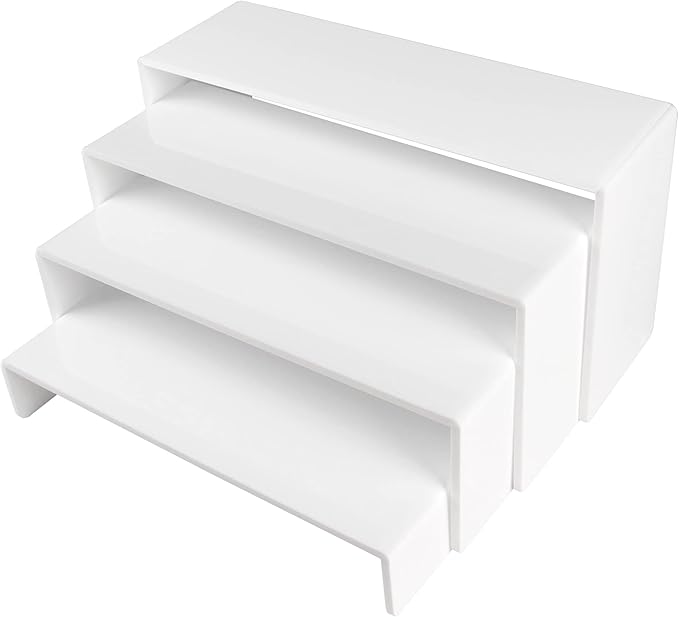 ELEGANTLIFE Acrylic Display Risers Set of 4, 4-Level Tiered Countertop Display Stands for Cupcakes, Mini Desserts, Jewelry, Cosmetics, Small Figures & Collectibles, White