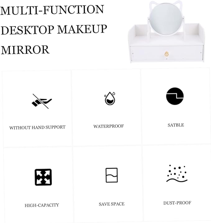 Housoutil Multifunctional Tabletop Makeup Mirror with Large Storage Box, Single Drawer Vanity Mirror for Bedroom Dresser, Portable Cosmetic Organizer for Travel and Daily Use