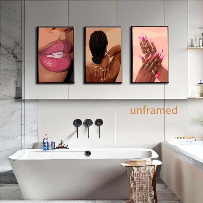 Black Girl Pink Wall Art Set of 3 African American Black Women Canvas Posters Fashion Black Girl Wall Decor Pictures Prints for Home Living Room Bedroom Bathroom Decoration 12x16 Inch Unframed