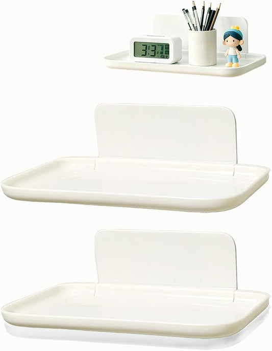 3 Pcs Small Foldable Floating Shelves for Living Room Bathroom,Bedside Shelf No Drill,Adhesive Shelves Organizer,Stick on Wall Rack Shelf Kitchen Entryway Bedroom,Bed Bedside Tray White