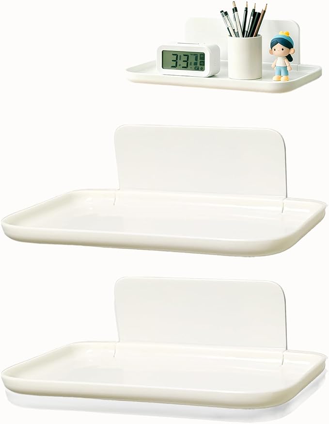 3 Pcs Small Foldable Floating Shelves for Living Room Bathroom,Bedside Shelf No Drill,Adhesive Shelves Organizer,Stick on Wall Rack Shelf Kitchen Entryway Bedroom,Bed Bedside Tray White
