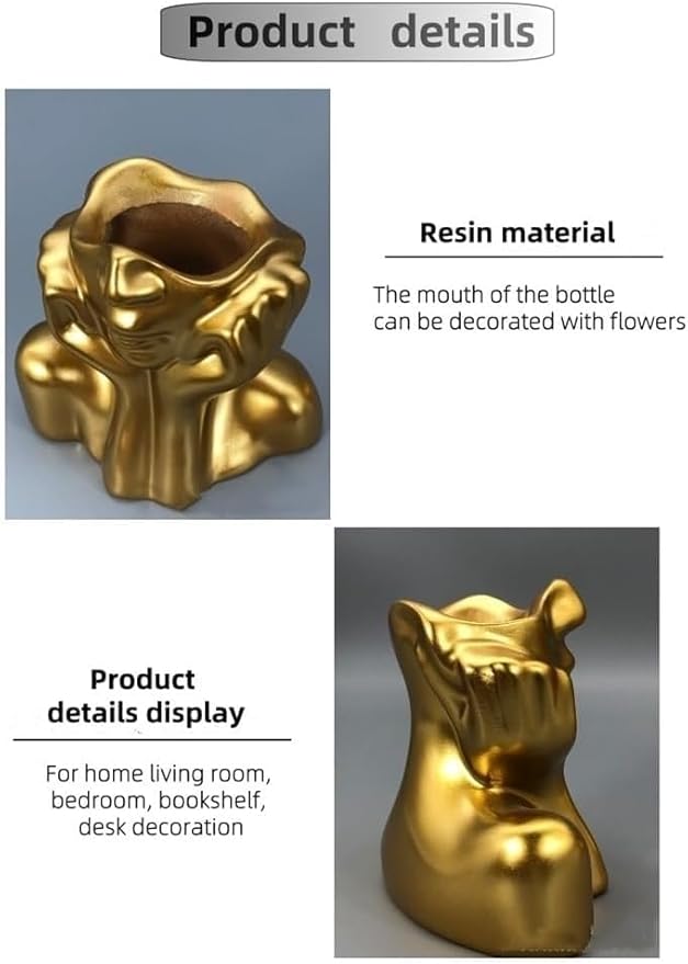 Face Vase – Small Human Body Art Vase in Resin,Women’s Head Shape for Flowers, Makeup Organizer & Desk Decor (Gold)