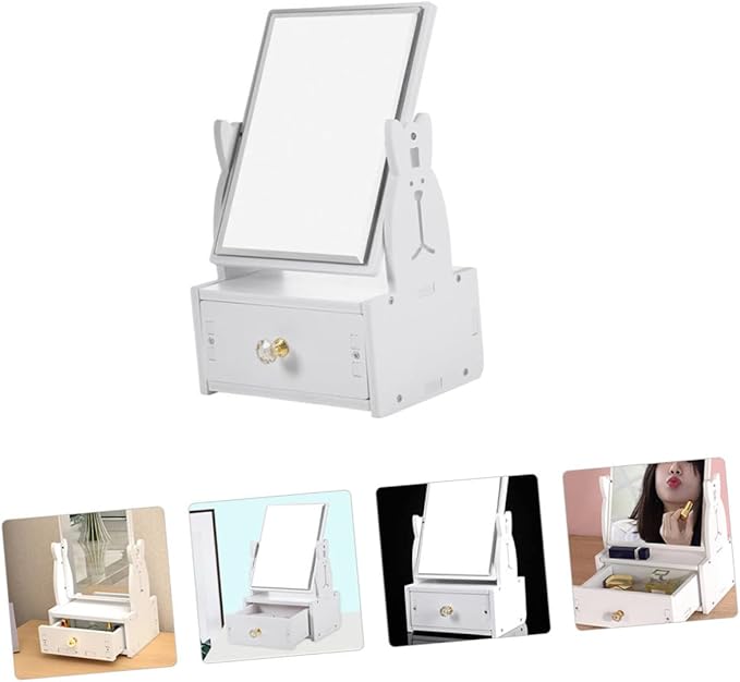 Beaupretty 1pc Cute Desktop Makeup Mirror with Drawer Rotating Vanity Mirror for Bedroom Stylish Cosmetic Organizer with Cartoon Design for Daily Use and Giving