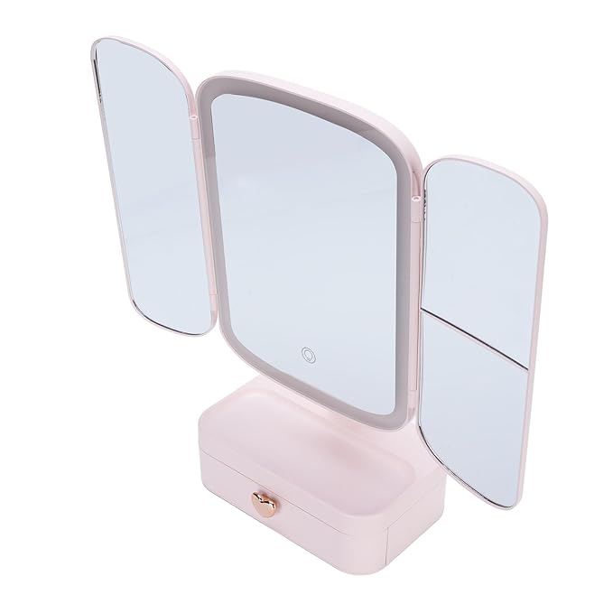 Desktop Lighted Makeup Mirror Organizer 3 Color Temperature Dimming LED Light for Bedroom