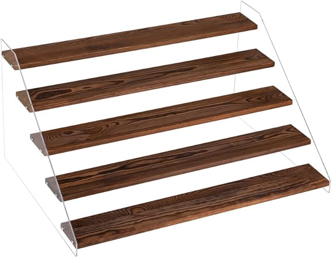 1 PACK Extra Large 5 Steps Display Shelf Stand 24*17*12 inches Clear Acrylic Riser Shelves Wood Acrylic Storage for Figure Collection Cupcake Desserts Holder Cologne Organizer for Men (Brown)