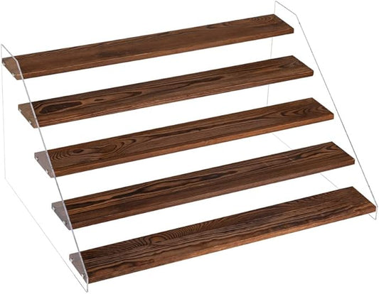 1 PACK Extra Large 5 Steps Display Shelf Stand 24*17*12 inches Clear Acrylic Riser Shelves Wood Acrylic Storage for Figure Collection Cupcake Desserts Holder Cologne Organizer for Men (Brown)