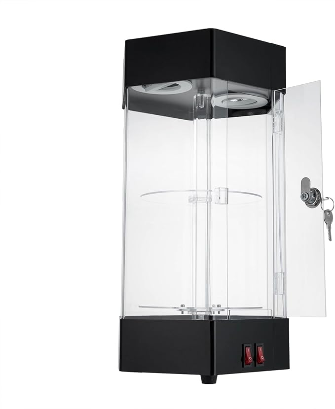 Electric Rotating Display Case, 2-Tier Acrylic, Clear Spinning Cabinet, LED Lights, Lock, Cosmetics, Figurines, Jewelry
