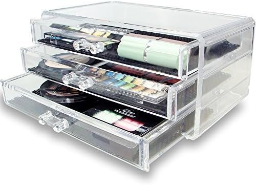 SciencePurchase Clear Acrylic Makeup Organizer with 3 Large Drawers and Removable Top Storage for Lipstick and Cosmetics - See-Through Jewelry Chest Case Holder
