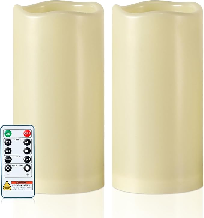 5plots 3" X 6" Outdoor Waterproof Candles, Battery Operated Led Ivory White Flameless Candles with 10-Key Remote & Timer for Indoor Home Lantern Holiday Decor, Set of 2