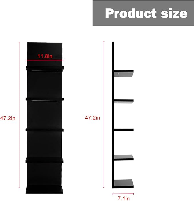 5 Tier Wall Shelves with LED Light, Vertical Column Shelf Floating Storage Home Decor Organizer Tall Tower Design Utility Shelf (Black)