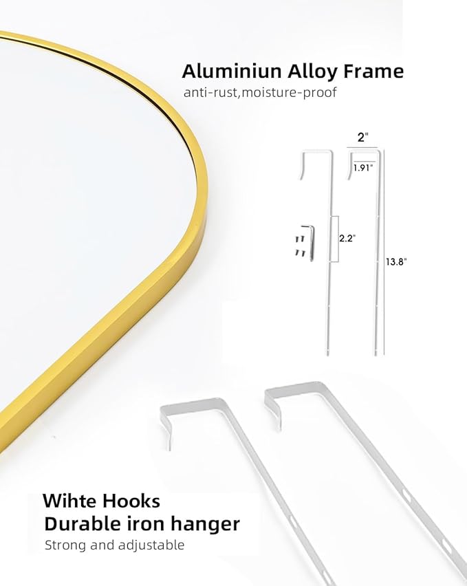 Arched Full Length Mirror, 48"x14" Gold, Tempered Shatterproof Glass & Aluminum Frame, Over Door or Wall Mounted, No Drill Installation for Bedroom, Bathroom, Closet, Entryway, Living Room Decor