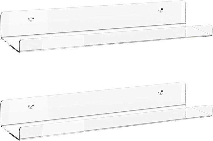 Albumgit 2 Pack Acrylic Shelves for Wall Storage, Self-Adhesive 15" Clear Floating Shelf for Figures, Photo, Makeup, Book, Wall Mounted Shelves for Bathroom, Living Room, Bedroom, Kitchen