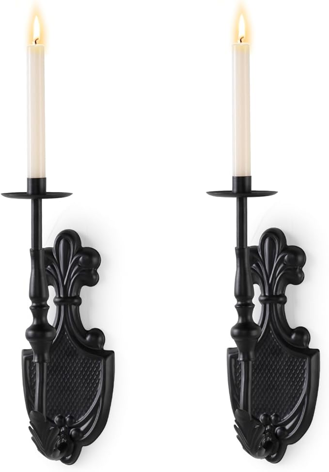 Gothic Wall Sconce Candle Holder for Taper Candles (Set of 2) Black Victorian Wall Decor for Living Room, Bathroom,Dining Room - 14.1 x 4.7 inch