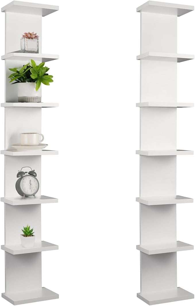2 Pack 7 Tier Wall Shelf Unit - Lack Floating Shelf, Compact Display Floating Shelf, Vertical Column Wall Decor Mount Floating Storage Organizer Tall Tower Shelf for Bedrooms, Living Rooms(White)