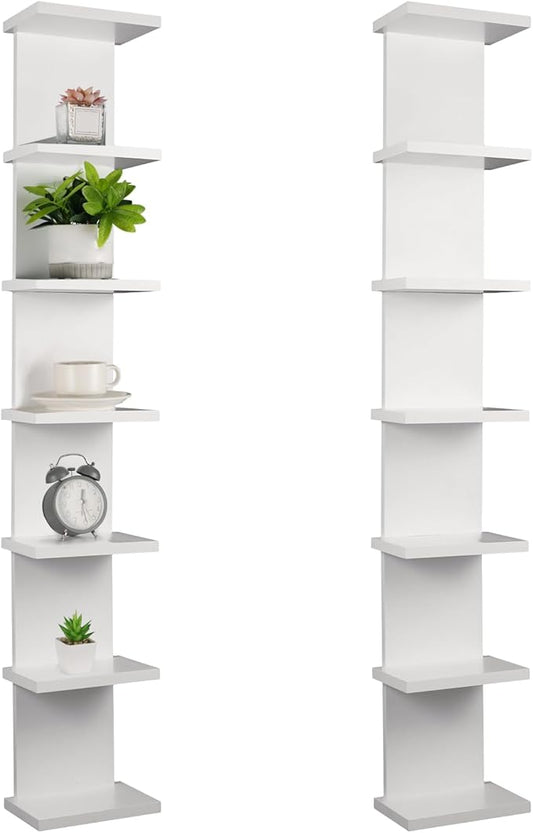 2 Pack 7 Tier Wall Shelf Unit - Lack Floating Shelf, Compact Display Floating Shelf, Vertical Column Wall Decor Mount Floating Storage Organizer Tall Tower Shelf for Bedrooms, Living Rooms(White)