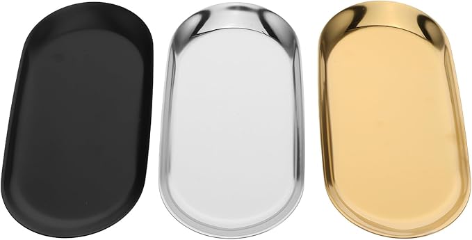 NUOBESTY 3pcs Oval Stainless Steel Jewelry Storage Tray Set – Thickened 18cm Metal Dresser Organizer for Home Decor, Makeup, Perfume, and Trinket Storage in Silver, Black, and Gold