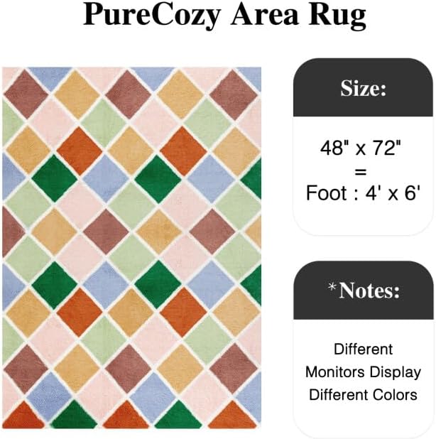 PureCozy 4x6 Checkered Rug for Living Room Colorful Modern Soft Area Rug Fluffy Non-Slip Carpet for Bedroom Playroom Home Aesthetic Decor