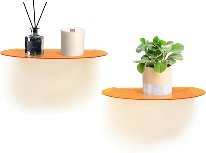 SetGame 2-Pack Acrylic Small Wall Shelves Wall Decor Wall Mounted, 12" Floating Wall Ledge Shelf, Acrylic Shelves for for Action Figures Display, Room Décor, Space Saving, Items Organizer, Orange