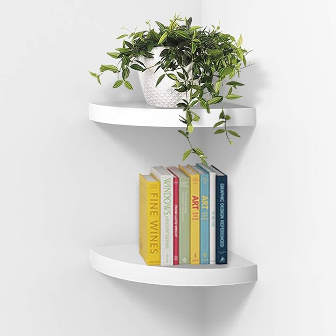 AHDECOR Wood Corner Shelves White, Durable Floating Corner Shelf for Organizing and Displaying Décor in Any Room, Set of 2