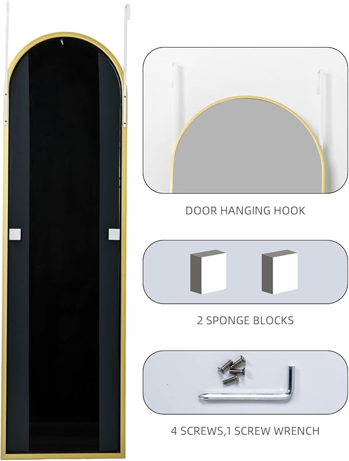 Arched Full Length Mirror, 48"x14" Gold, Tempered Shatterproof Glass & Aluminum Frame, Over Door or Wall Mounted, No Drill Installation for Bedroom, Bathroom, Closet, Entryway, Living Room Decor