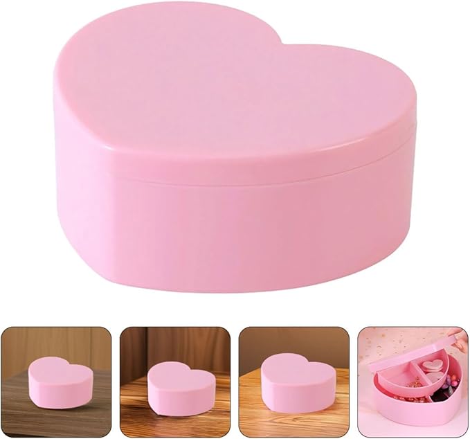 2pcs Heart Shaped Jewelry Box, Small Double Layer Trinket Organizer with Makeup Mirror, Earring and Ring Storage Case in Cherry Blossom Pink for Bedroom Use