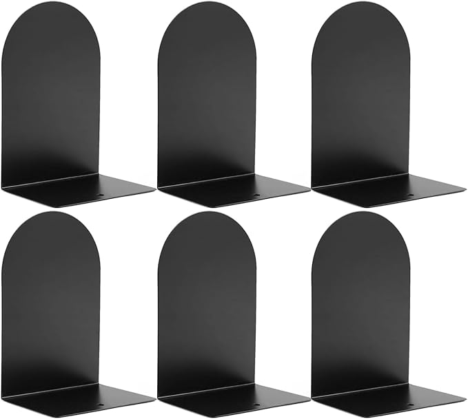 Metal Book Ends for Shelves - 6Pcs Bookends for Heavy Books Non-Skid Decorative Book Stopper to Hold Books/CDs for Home Office School and Desktop Organizer, Black