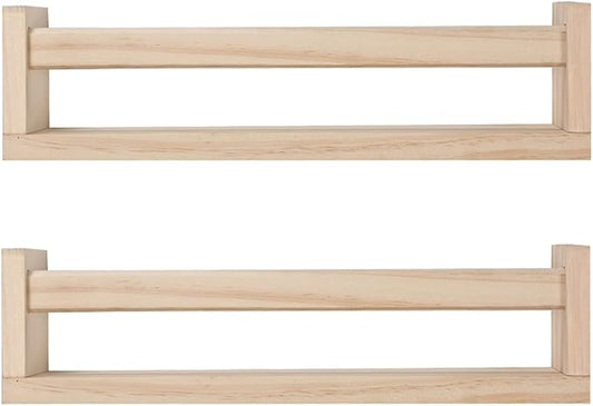 JORIKCHUO Nursery Book Shelves, Set of 2 Wood Floating Book Shelves for Kids Room, Kitchen Spice Rack, or Rustic Wall Mounted Shelves for Farmhouse Bathroom Décor (Natural Wood)