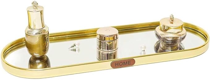 Gold Mirrored Vanity Tray, Small Oval Stainless Steel Perfume Organizer, Decorative Glass Mirror Tray for Jewelry, Makeup, Skincare, Bathroom Countertop & Nightstand Decor (11.8" x 3.9")