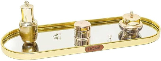 Gold Mirrored Vanity Tray, Small Oval Stainless Steel Perfume Organizer, Decorative Glass Mirror Tray for Jewelry, Makeup, Skincare, Bathroom Countertop & Nightstand Decor (11.8" x 3.9")