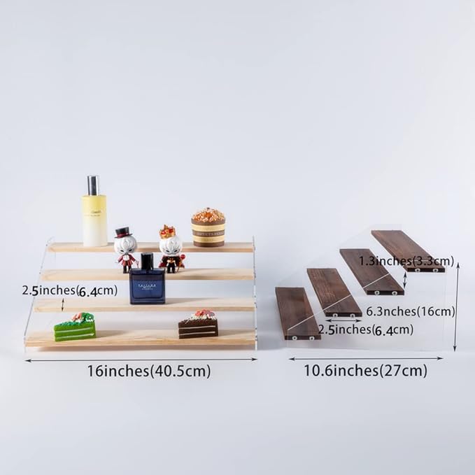 2 Pack Large 4 Tier Acrylic Display Stand 16*10.6*6.3 inches for Figures Wooden Risers Display Case for Craft Fair Acrylic Cupcake Stand for Dessert Table Cologne Organizer for Men