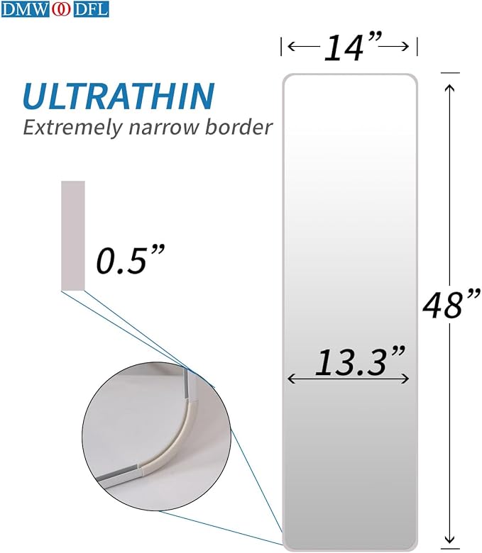 DMWOODFL 48"x14" Rounded Rectangle Over The Door Mirror - Full Length Tempered Glass & Aluminum Frame, No Drill Installation for Bedroom, Bathroom, Closet, Entryway (Silver White)