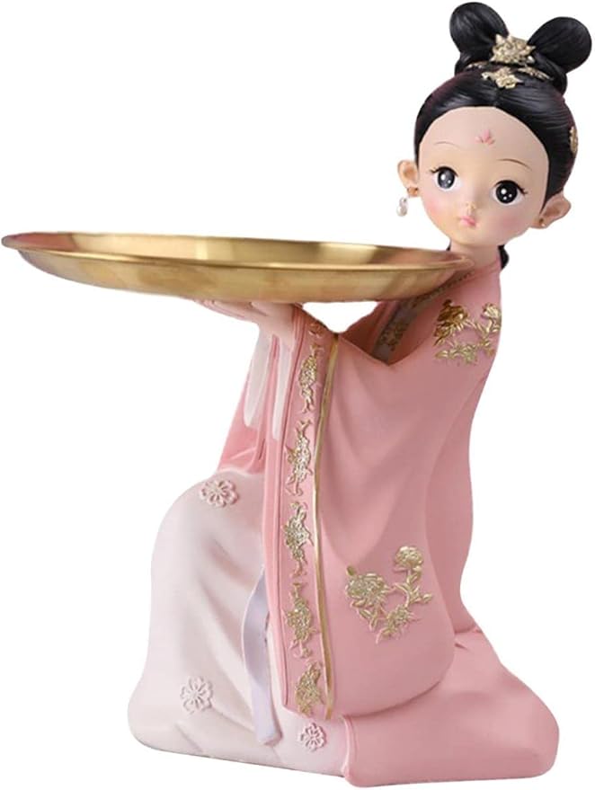 Girl Figurines Serving Tray Resin Girl Statue Jewelry Trinket Storage Tray Key Candy Snacks Makeup Organizer for Home Office Table Decoration - Pink