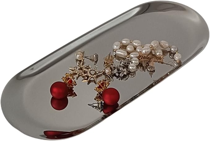 Stainless Steel Decorative Storage Organizer Plate，Dish Plate Tea Tray Fruit Trays for Jewelry, Fruit, Food, Makeup Cosmetic, Towel, Perfume, Candle Trimmer, Silver, Oval, 9.06" x 3.7"