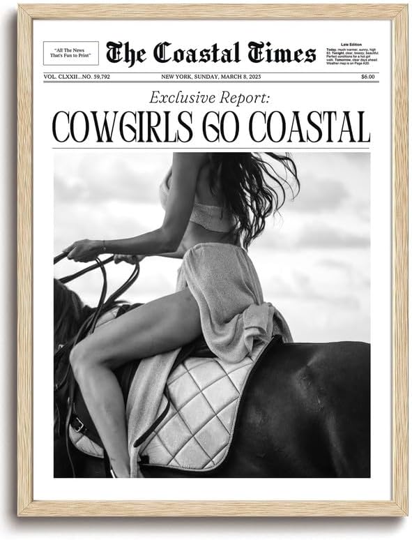 Bwodke OAK Wood Framed Wall Art Cowgirls Go Coastal Canvas Art Vintage Newspaper Pictures Wall Decor Trendy Western Horseback Riding Times Prints for Girly Dorm Bedroom 8"x10"