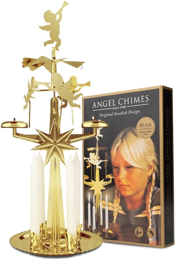 Original Swedish Angel Chimes, Carousel and 4 Candles – Scandinavian Spinning Festive Chimes for Christmas, Best Memorial Gift Since 1948, Home Decorations - Gold Brass