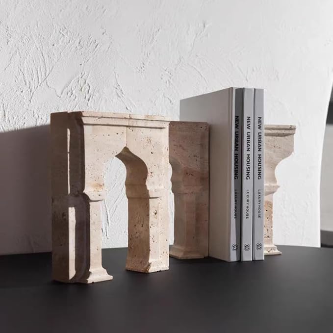 Set of 2 Piece Modern Travertine Bookend, Arc de Triomphe Design, Natural Stone Book Holders for Desk and Shelf (2 pcs 1 Set -Arc de Triomphe)